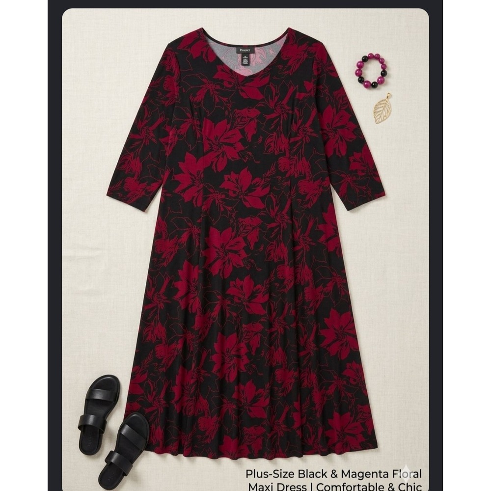 Catherines AnyWear Black Magenta Floral Maxi Dress Plus 0X 14W 16W 3/4 Sleeve